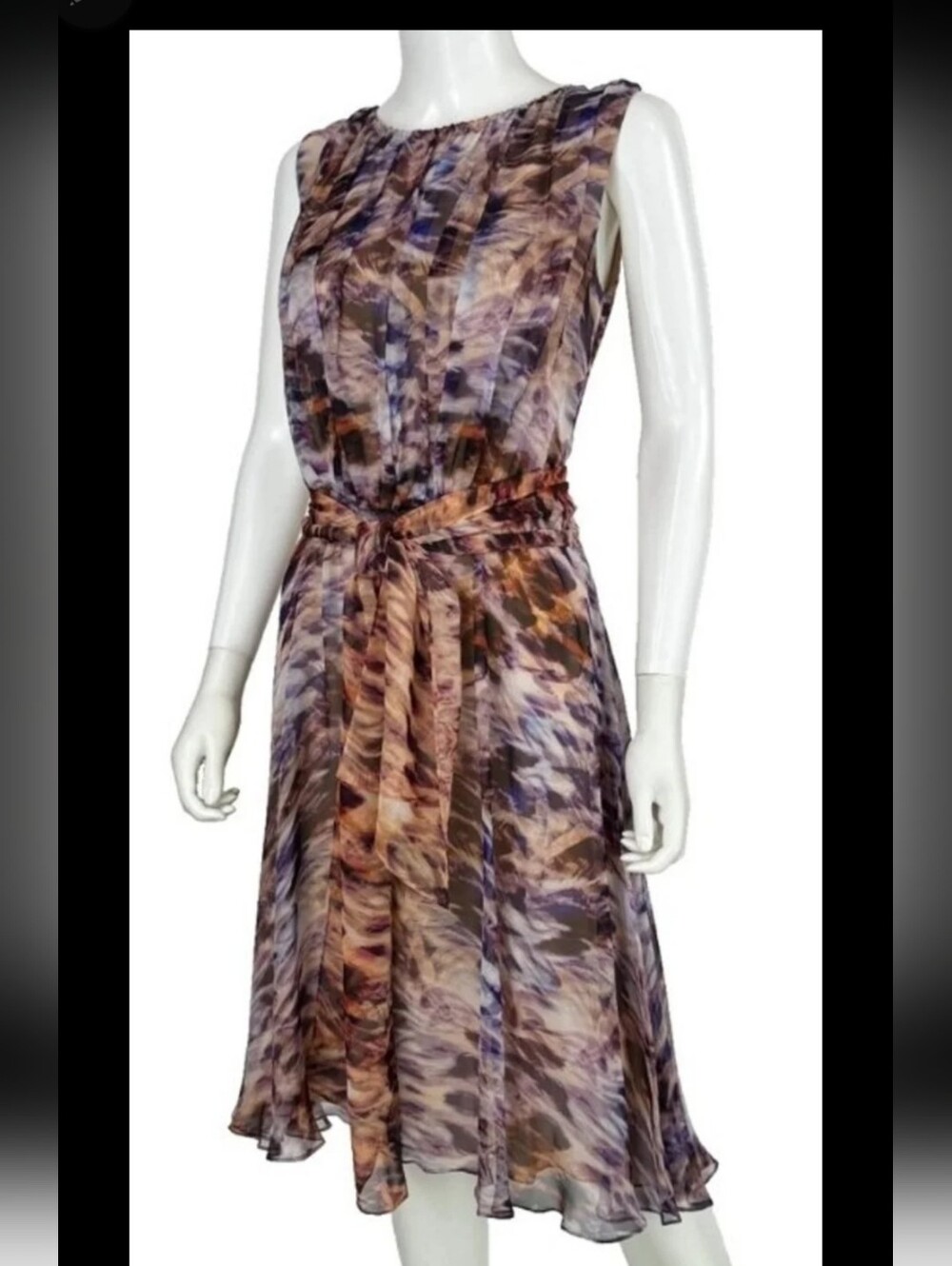Escada Purple and Brown Printed Tie-Waist Midi Dress